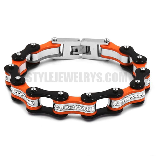 Stainless Steel Rhinestone Biker Bracelet Stainless Steel Jewelry Fashion Black and Orange Bicycle Chain Motor Bracelet SJB0315 - Click Image to Close